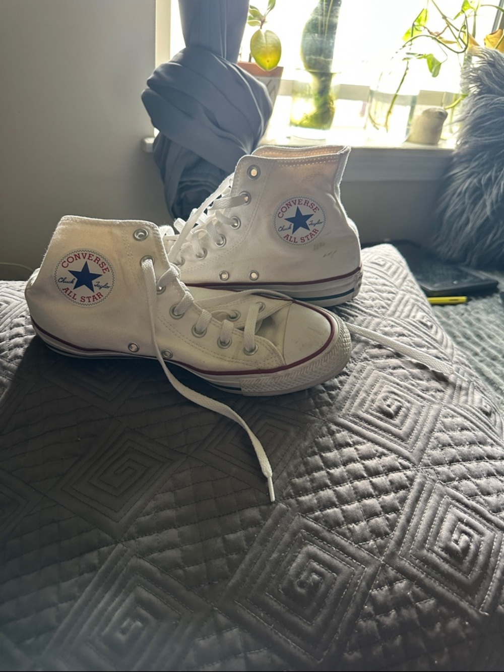 Converse White High Top Sneakers with Red & Blue Trim